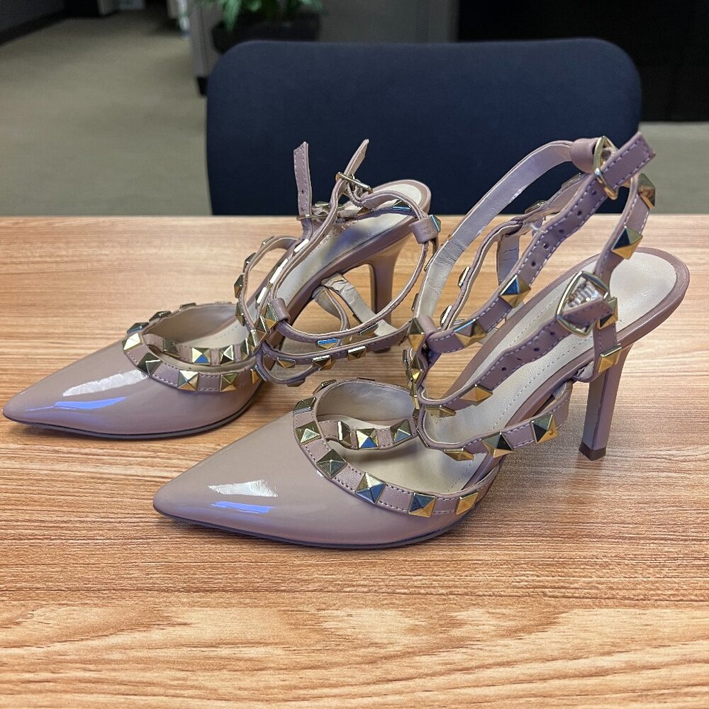 BCBGeneration Adobe Nude Patent Pumps with Gold Studs